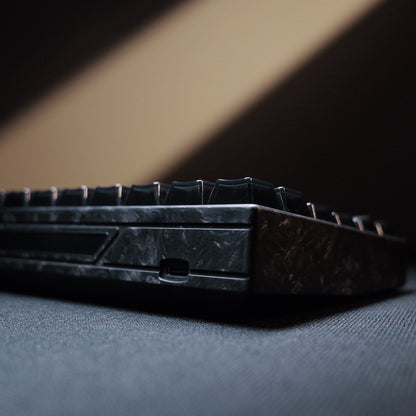 YING75 Forged Carbon Fiber Keyboard close-up, showcasing sleek design and unique texture, perfect for gamers and productivity enthusiasts.