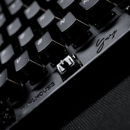 Close-up of YING75 Forged Carbon Fiber Keyboard by WLMOUSE showing key design and signature detail.
